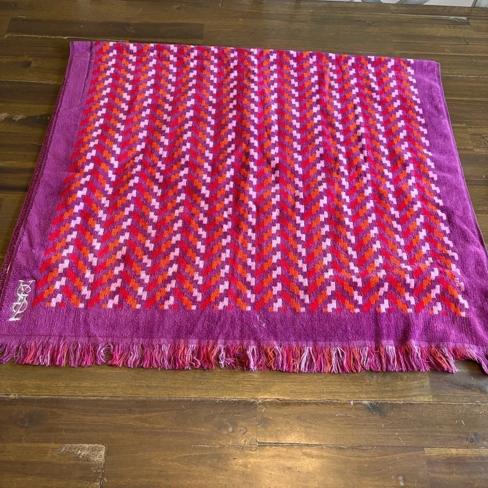 Vintage YSL Towel Set Chevron Abstract Geo Retro Bright Purple Red Orange Fringe